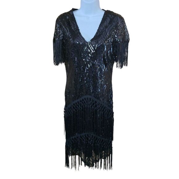 Vintage Black Sequin & Fringe Flapper Dress homecoming formal bling glam sparkle - Picture 1 of 6